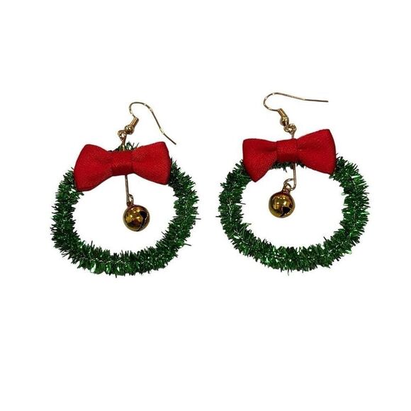 Christmas Wreath Bell Bow Earrings Glitter Dangle Earrings Sparkly Holiday NEW - Picture 1 of 3